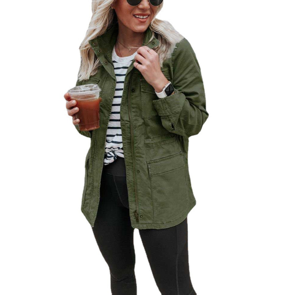 Women's Loose Solid Color Jacket – Zipper Pocket Coat for Casual Style