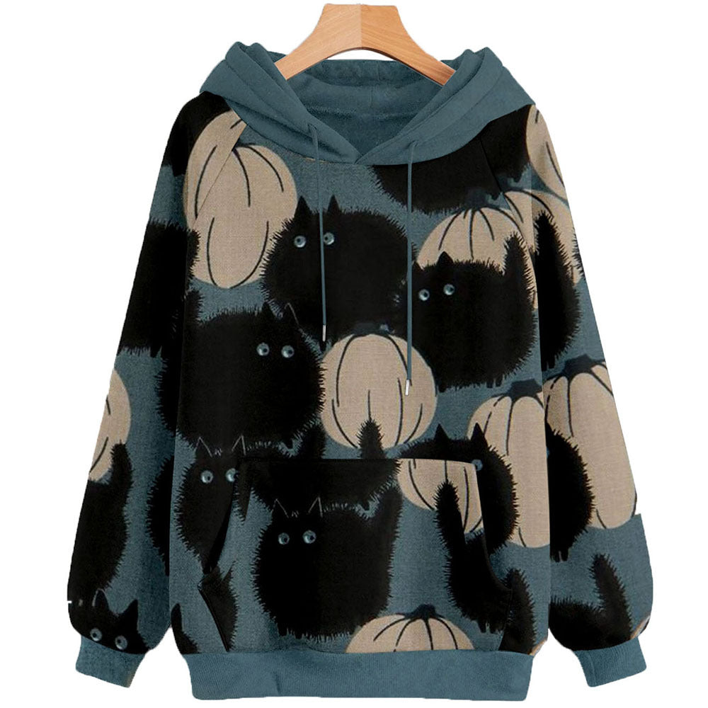 Long-Sleeved Hooded Sweater for Women with Halloween Pumpkin Print