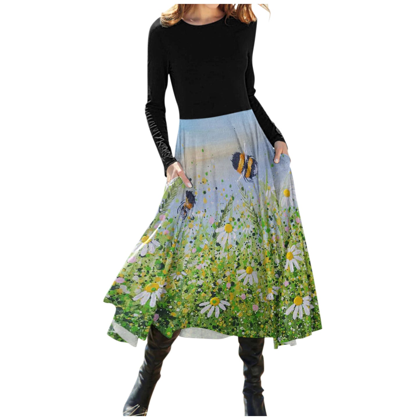 Women's Temperament Leisure Round Neck Long Sleeve Printed Dress