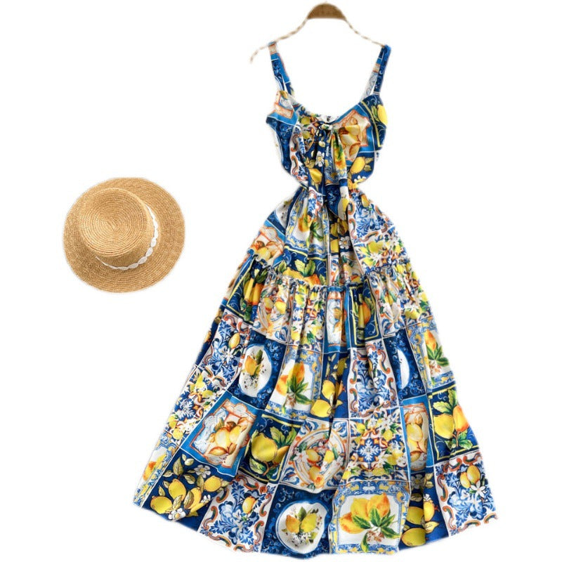 Retro Printed Sling Tube Top Dress