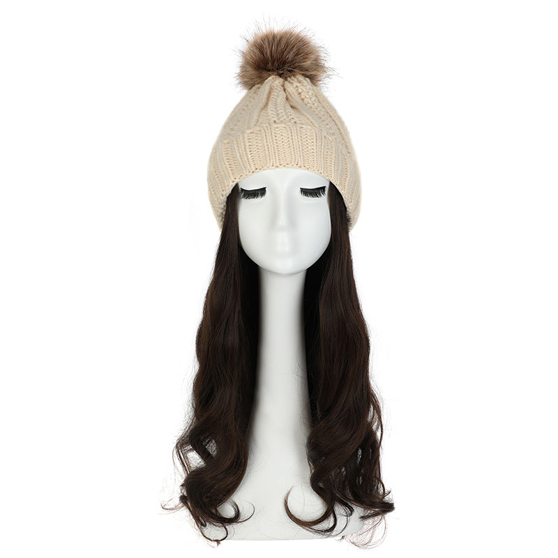 Women's Hat Wig Detachable Woolen Cap