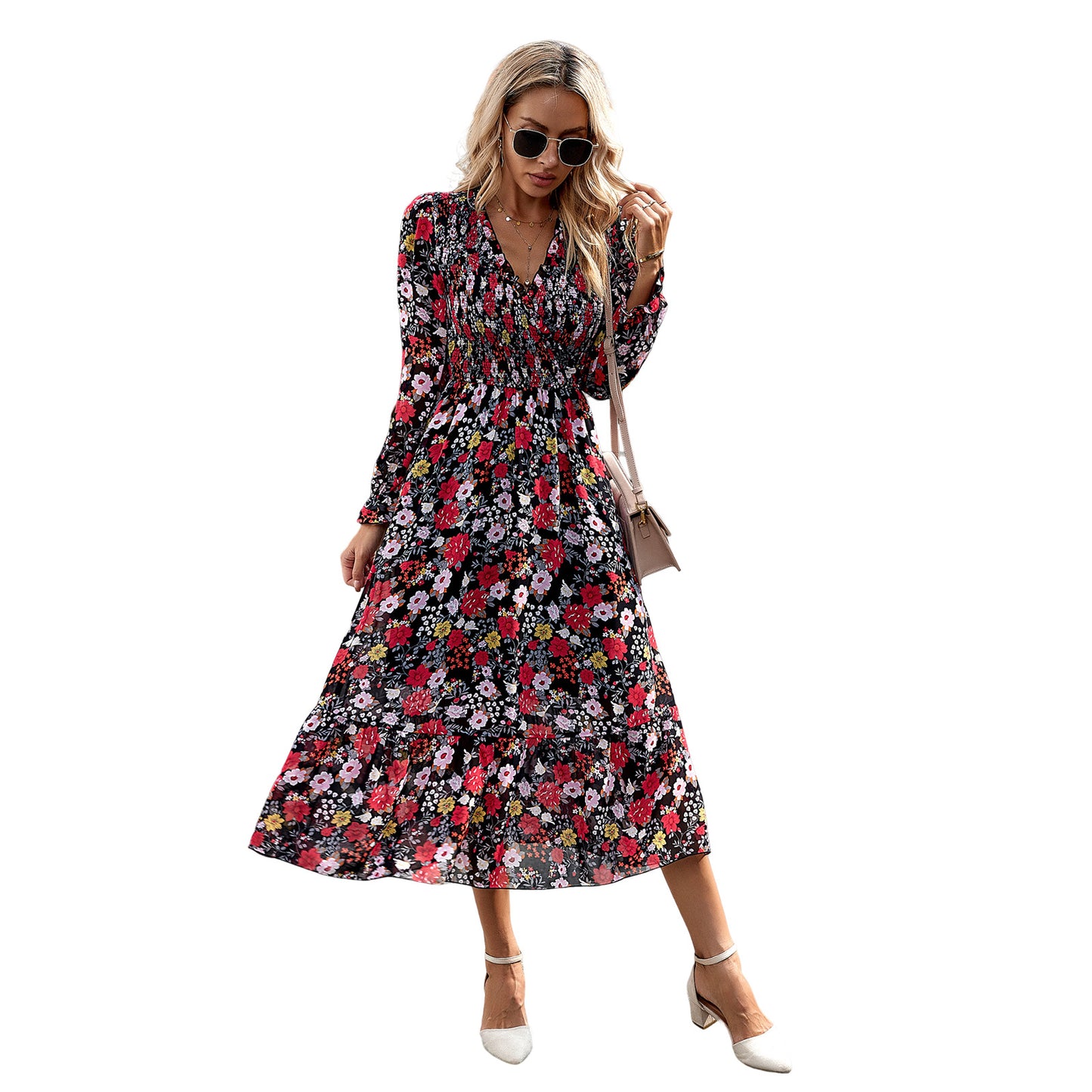 Women's Printed Long Sleeve Dress with a Fashionable and Elegant Temperament