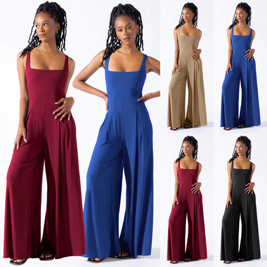 Casual Knitted Wide-Leg Jumpsuit with Sling Design