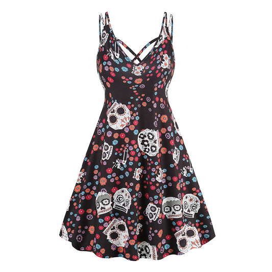 V-neck Strap Gothic Dress with Halloween Printed Pumpkin, Flowers, and Bats