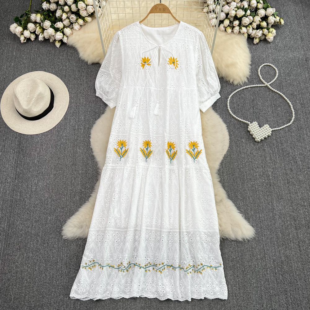Sweet Puff Sleeve Round Neck Dress with Hollow Embroidery
