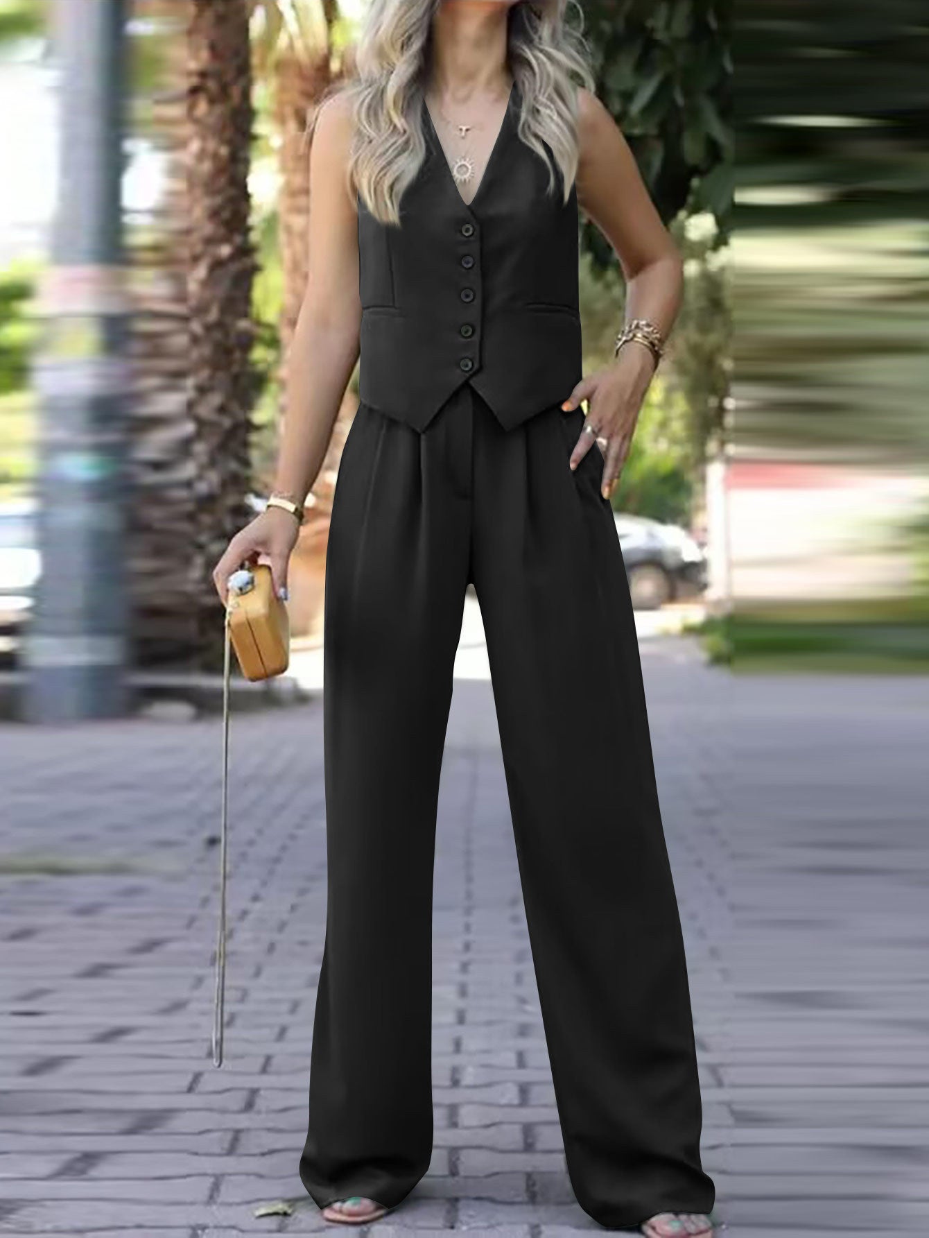 V-Neck Sleeveless Vest and Drooping Wide-Leg Pants Suit
