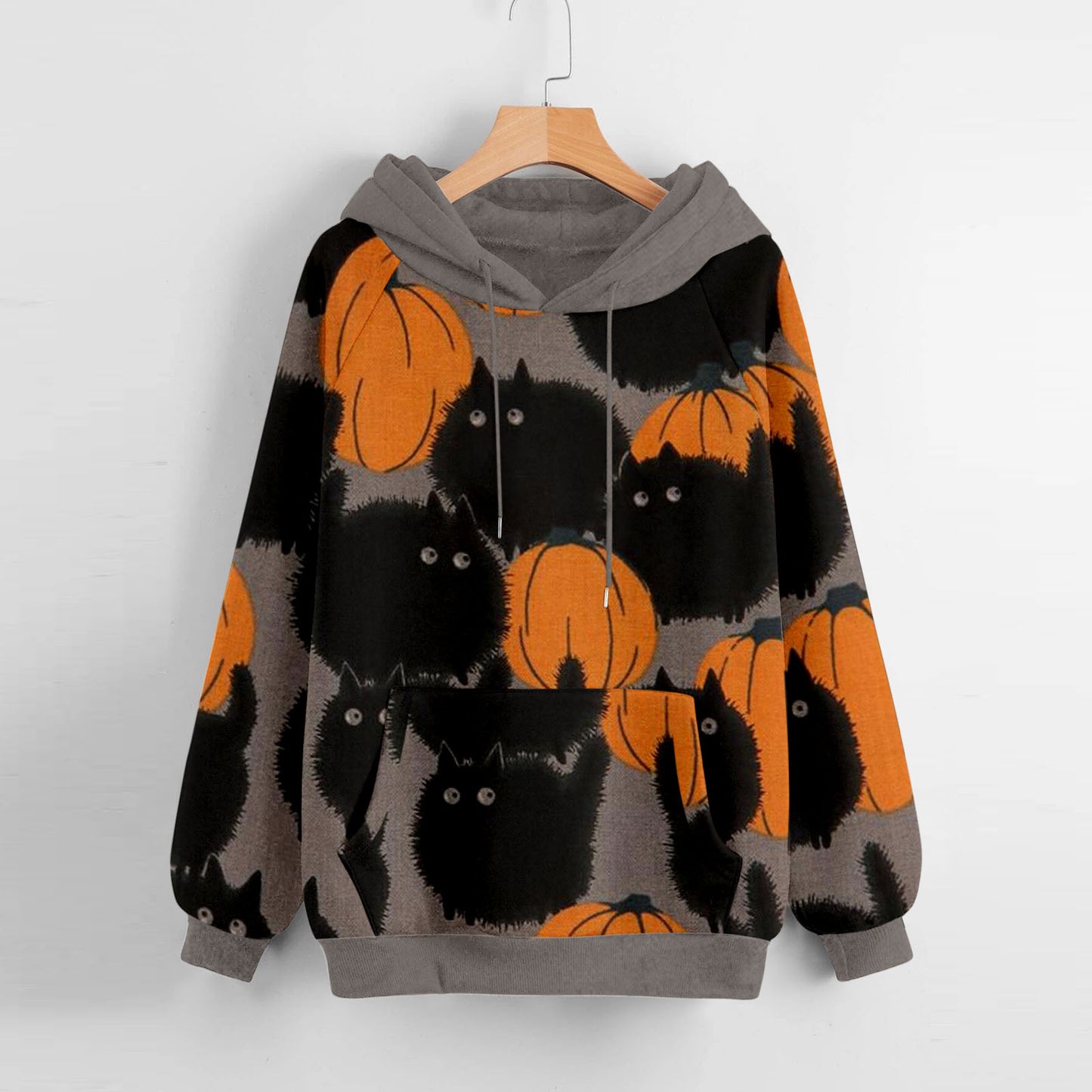 Long-Sleeved Hooded Sweater for Women with Halloween Pumpkin Print