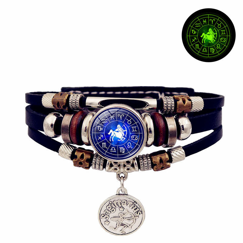 Luminous Twelve Constellation Snap Button Vintage Multi-layer Beaded Leather Bracelet