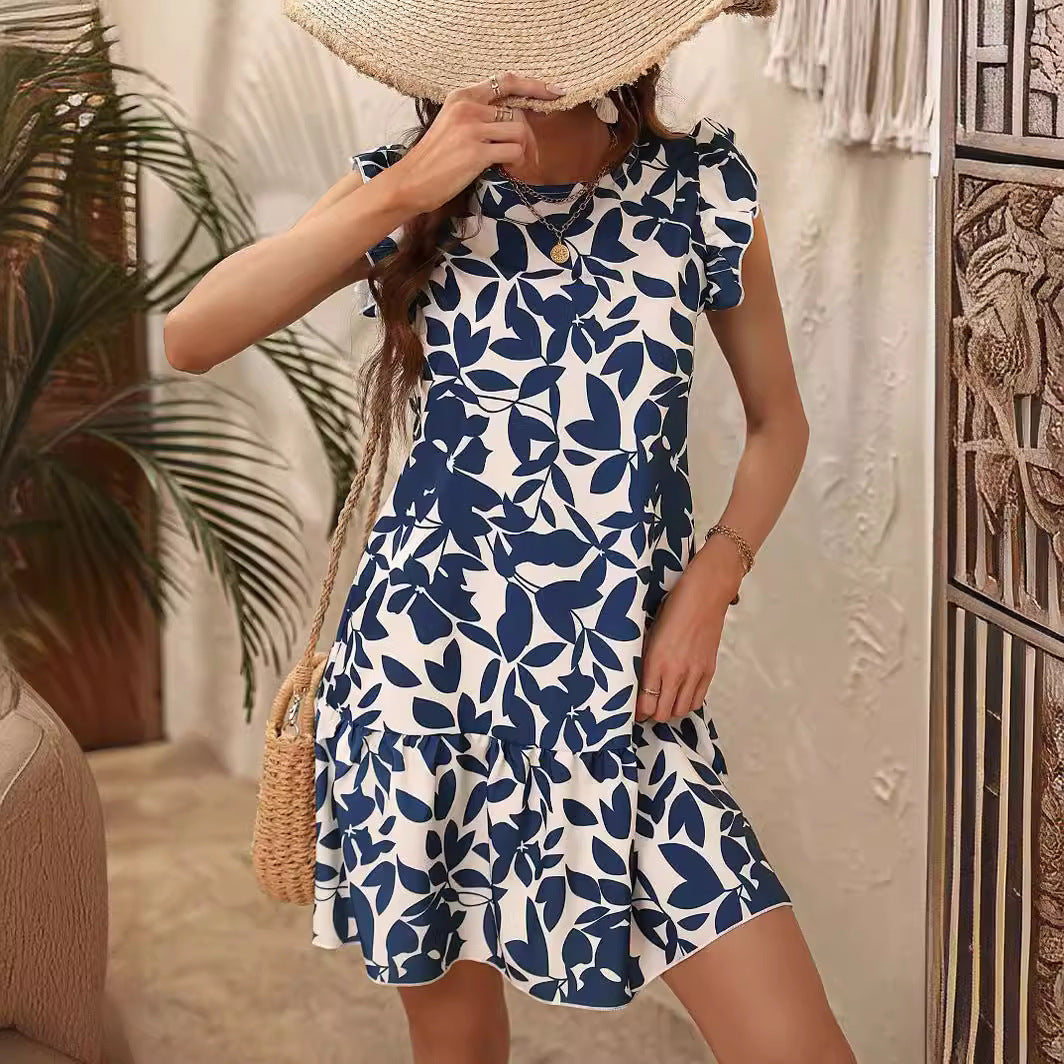 Women's Round Neck Dress with Printed Ruffles