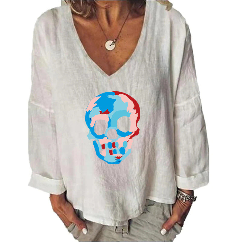 Women's Halloween Head Printed Loose Top Cotton And Linen