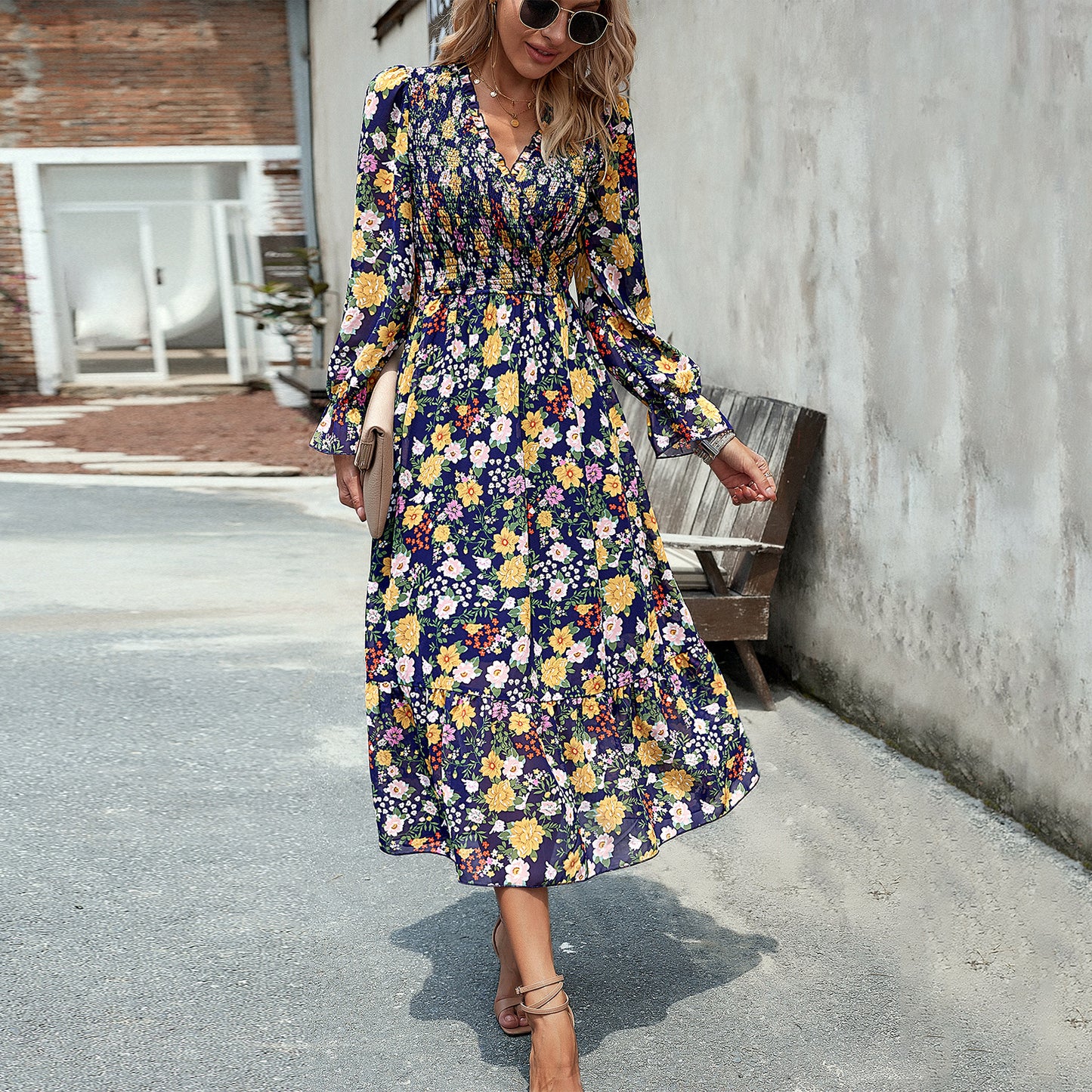 Women's Printed Long Sleeve Dress with a Fashionable and Elegant Temperament