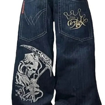 Men's And Women's Fashion Loose Skull Printed Jeans