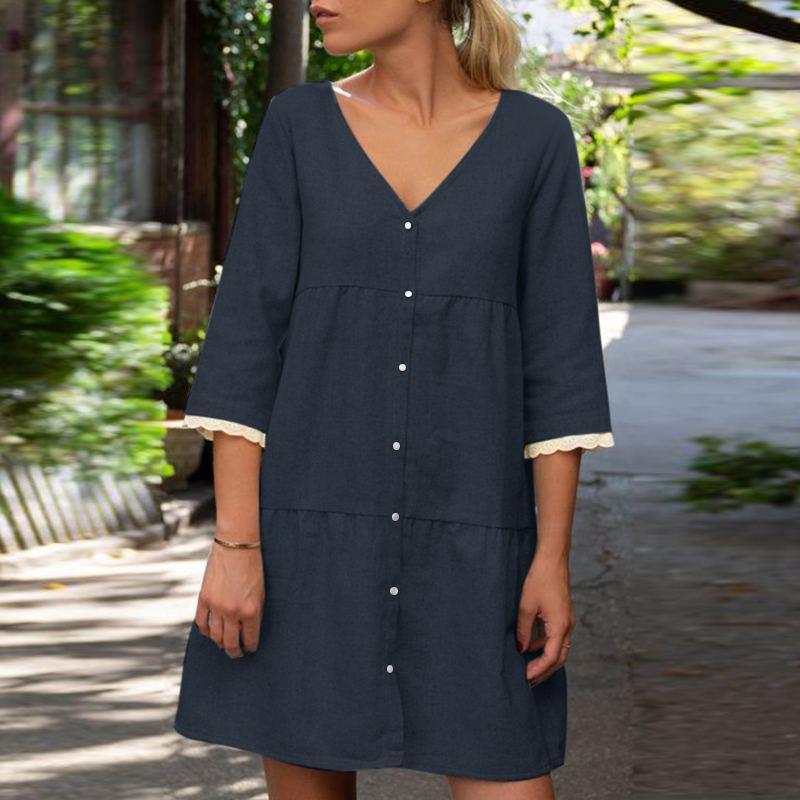 Button-Up Solid Color Casual Dress with Stand Collar