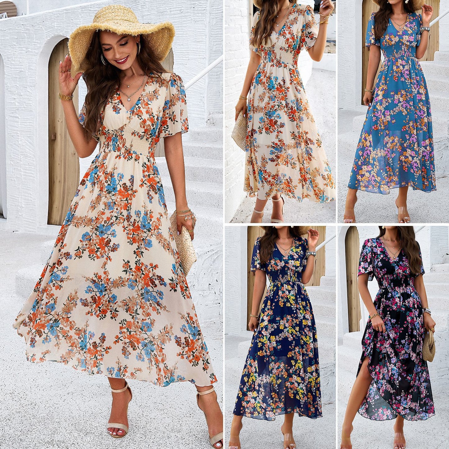 Women's Printed Waist-controlled Short Sleeve Dress