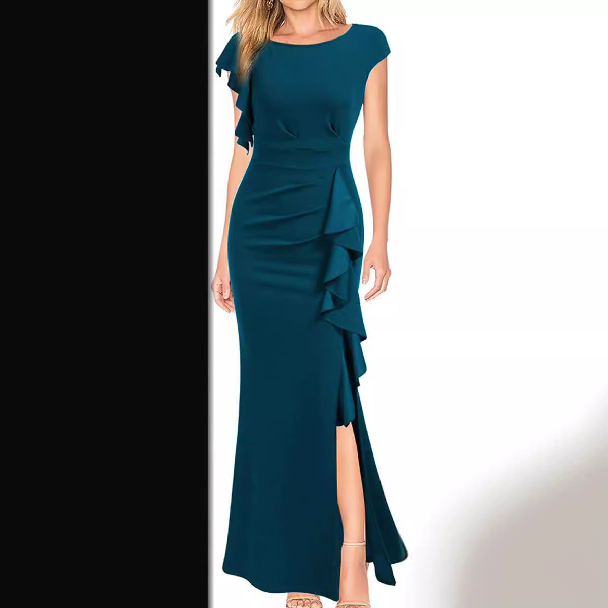 Elegant High Waist Slit Dress, Fashionable Round Neck Commuting Style for Evening Parties