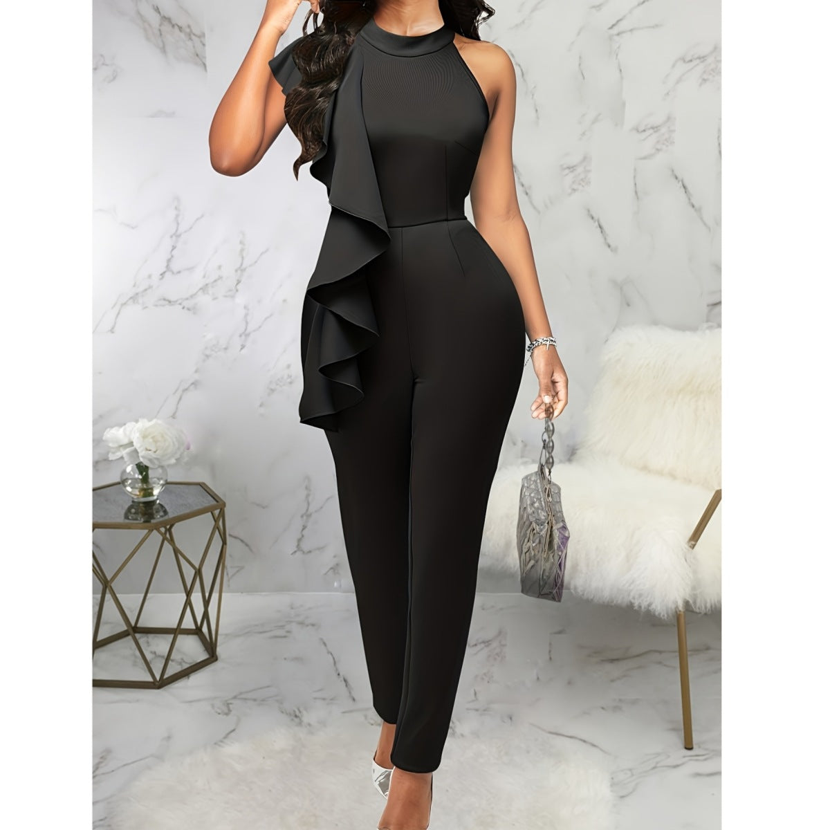 Sleeveless Summer Jumpsuit with Casual Pure Color and Ruffled Design for Women