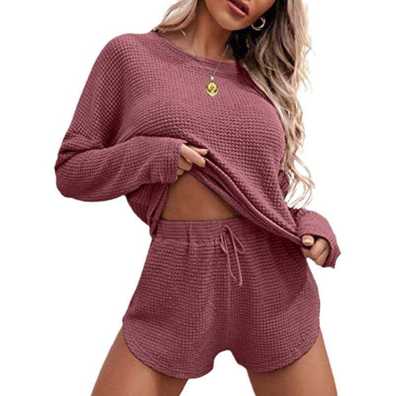 Fashionable Solid Color Waffle Knitted Pajama Set for Women