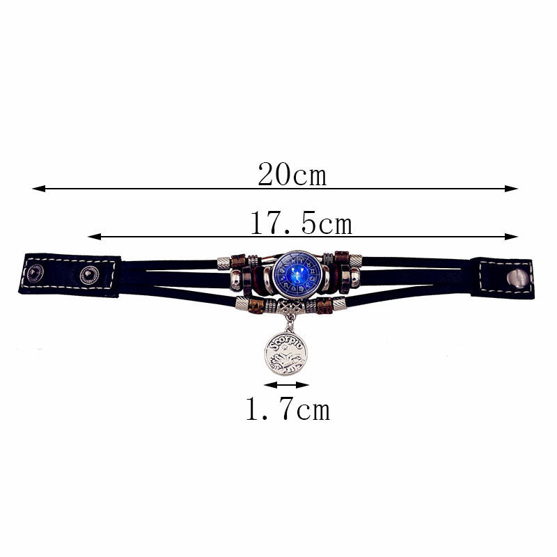 Luminous Twelve Constellation Snap Button Vintage Multi-layer Beaded Leather Bracelet