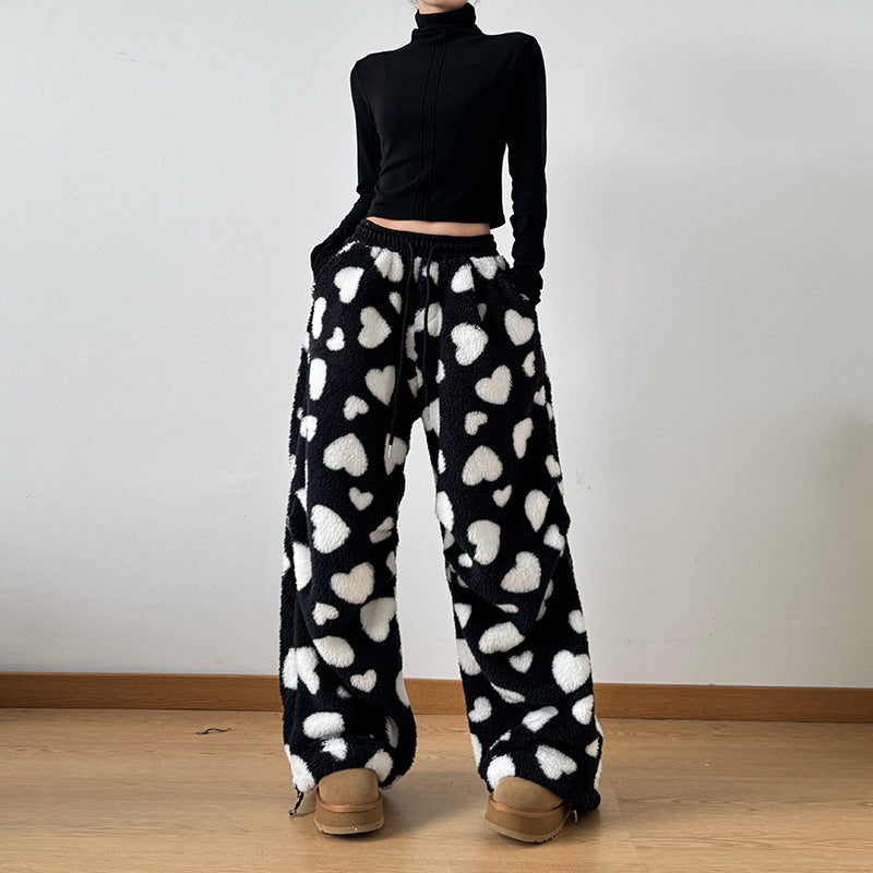 Women's Loose Polka Dot Lamb Wool Jogger Pants - Casual and Comfortable