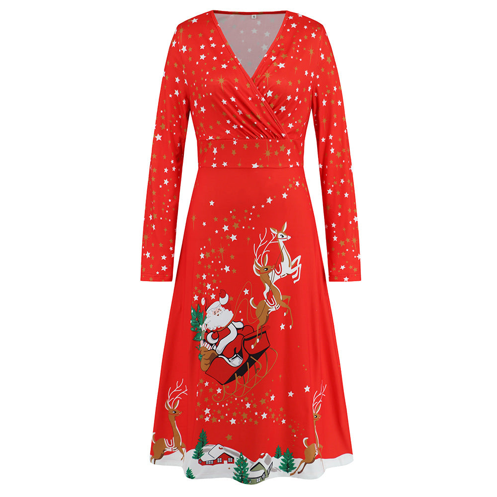 Women's V-neck Long Sleeve Christmas Printed Dress