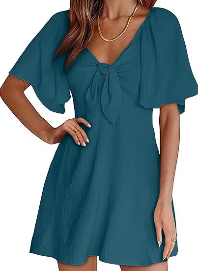 V-neck Short Sleeve Dress with Bow Tie for Women