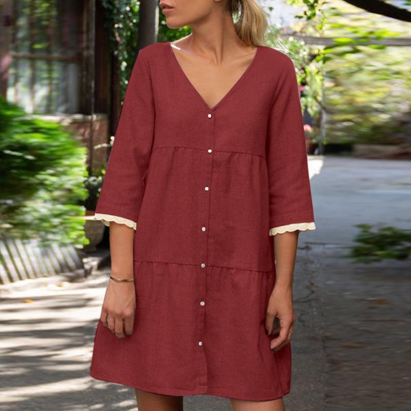 Button-Up Solid Color Casual Dress with Stand Collar