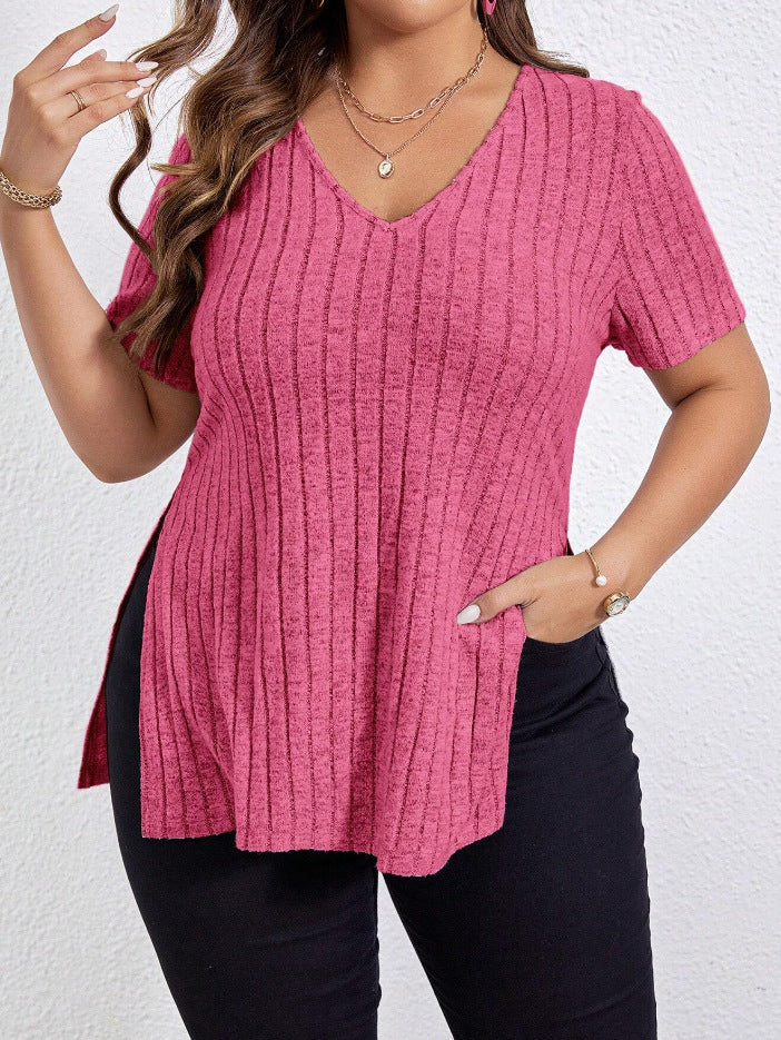 Plus Size Solid Color V-Neck Top with Short Sleeves and Split Sunken Stripe