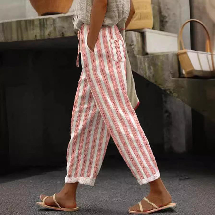 Versatile European and American Women's Casual Striped Trousers