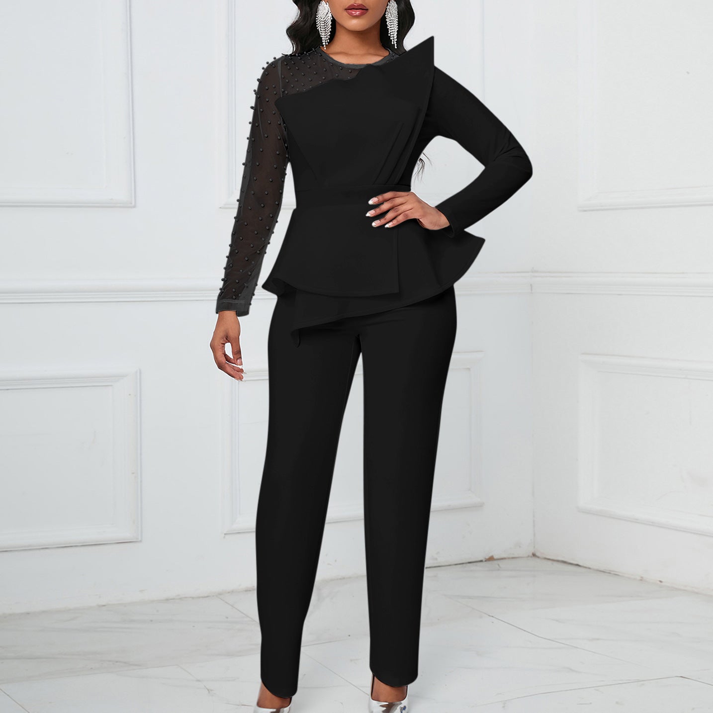 Long Sleeve Jumpsuit with Mesh Splicing and Bead Embellishments for Banquets