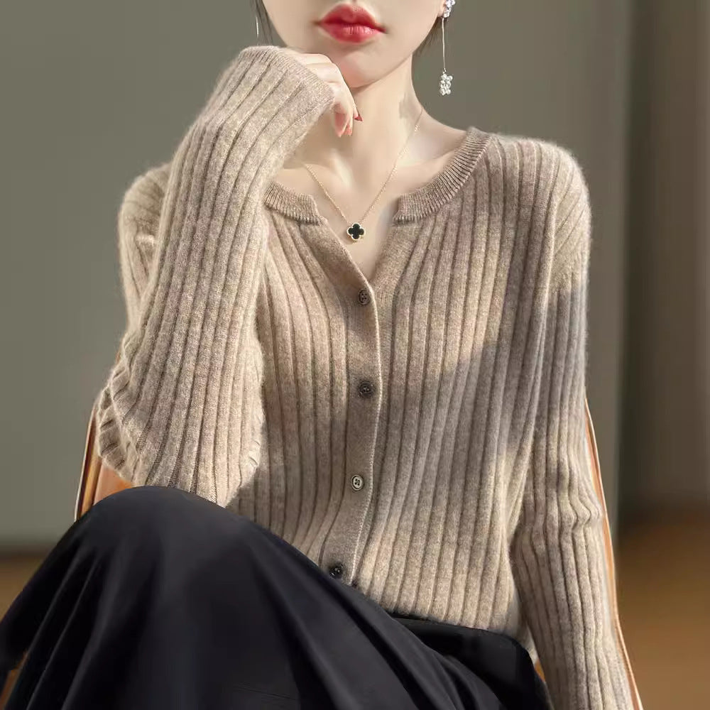 Round Neck Slim-Fit Short Striped Knitted Cardigan Jacket in Solid Color