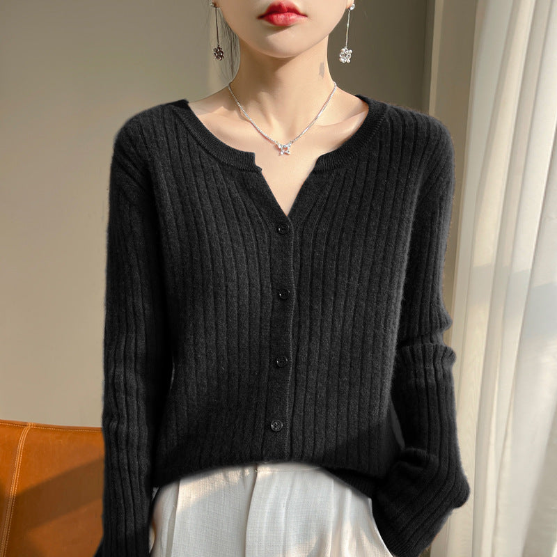 Round Neck Slim-Fit Short Striped Knitted Cardigan Jacket in Solid Color