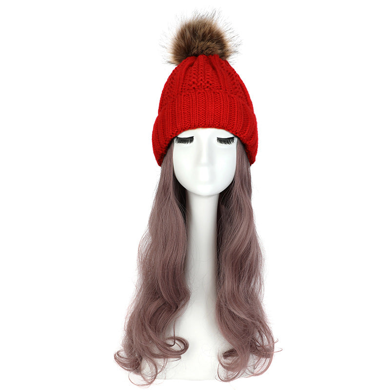 Women's Hat Wig Detachable Woolen Cap