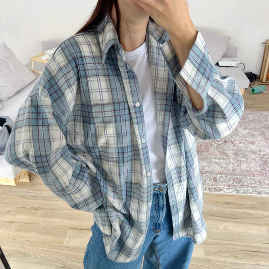 Women's Classic Long Sleeve Plaid Casual Loose Shirt with Lapel