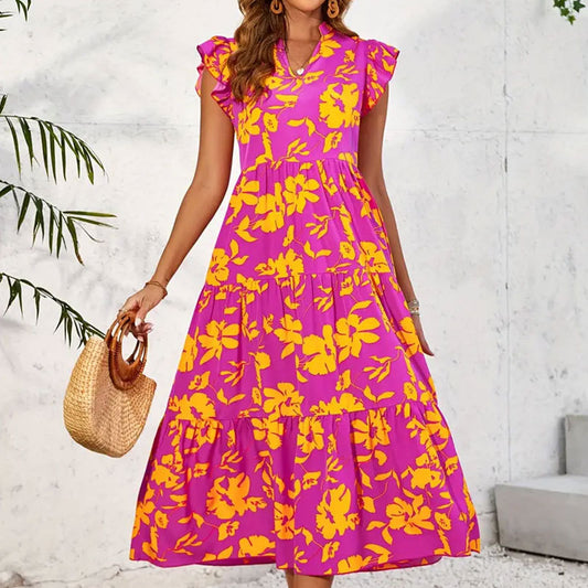 Sleeveless Printed Ruffled Vacation Style Dress