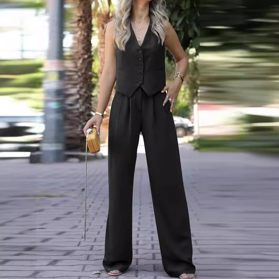 V-Neck Sleeveless Vest and Drooping Wide-Leg Pants Suit