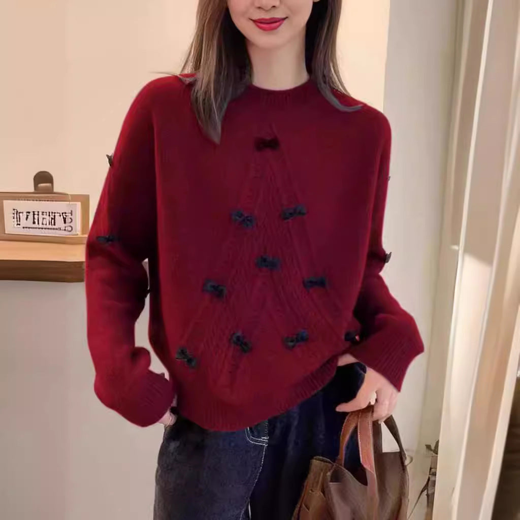 Round Neck Long Sleeve Sweater with Hollow Bow Detail – Three-Dimensional, Anti-Aging Fashion