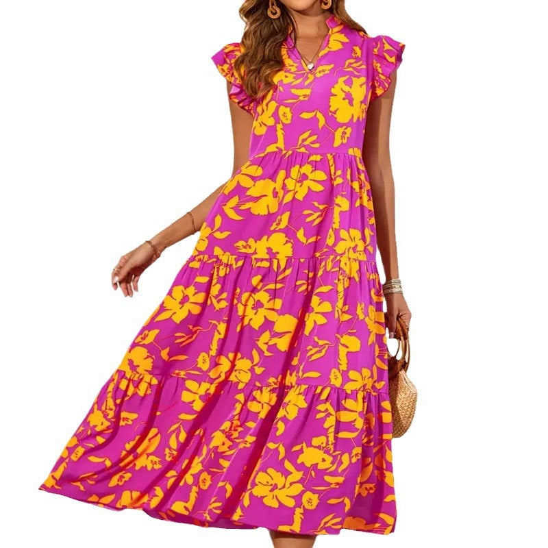 Sleeveless Printed Ruffled Vacation Style Dress