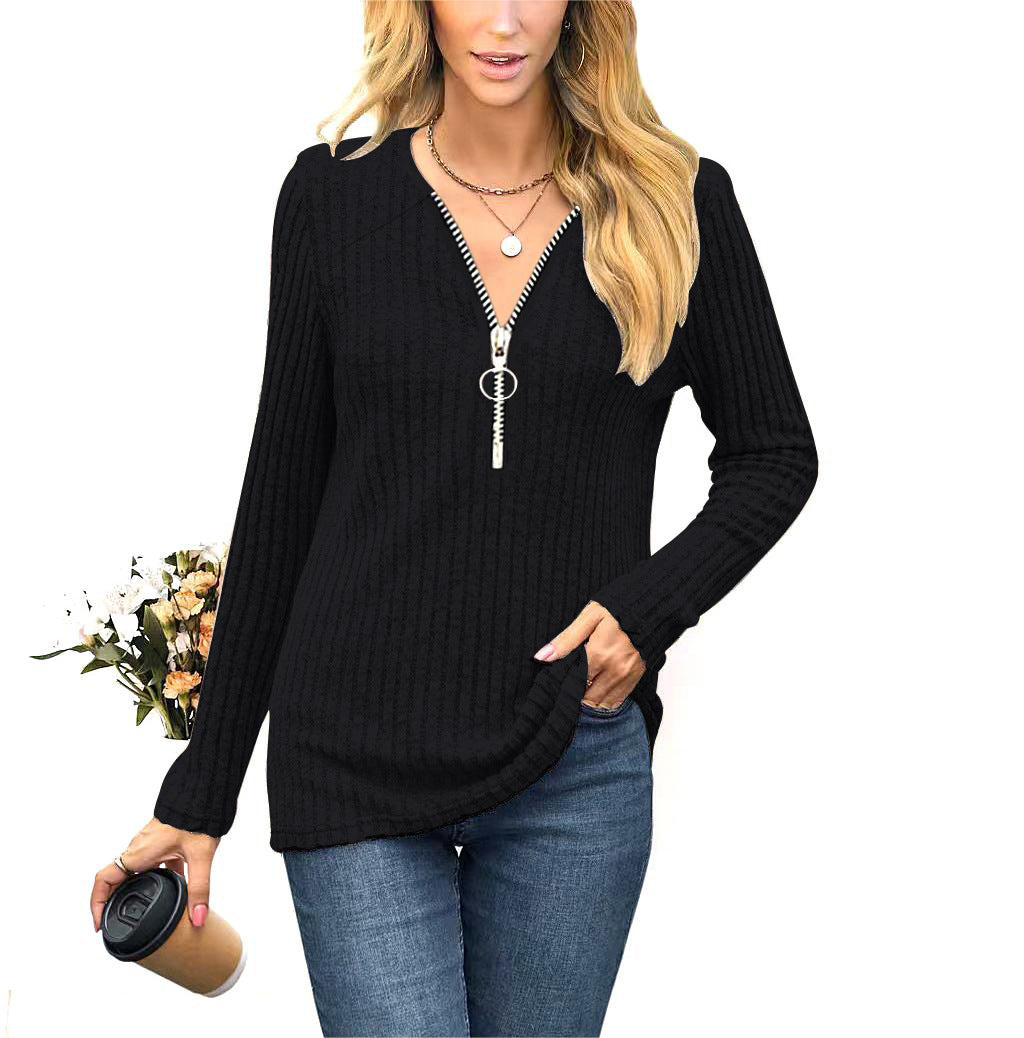 Long Sleeve T-Shirt for Women with Chest Zipper Detail and Pleated Design