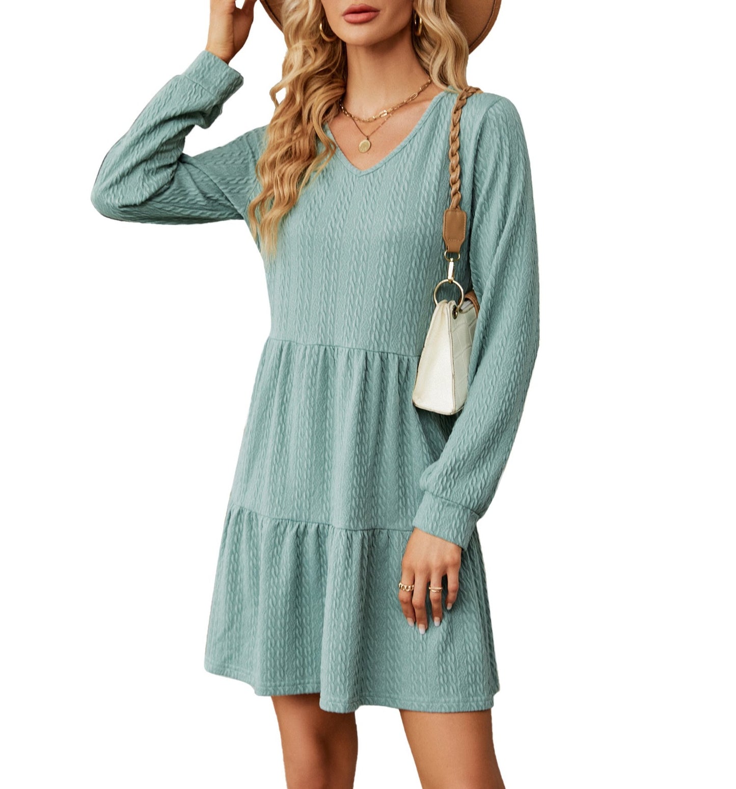 Ladies' V-neck Long Sleeve Dress with Solid Color and Loose Fit