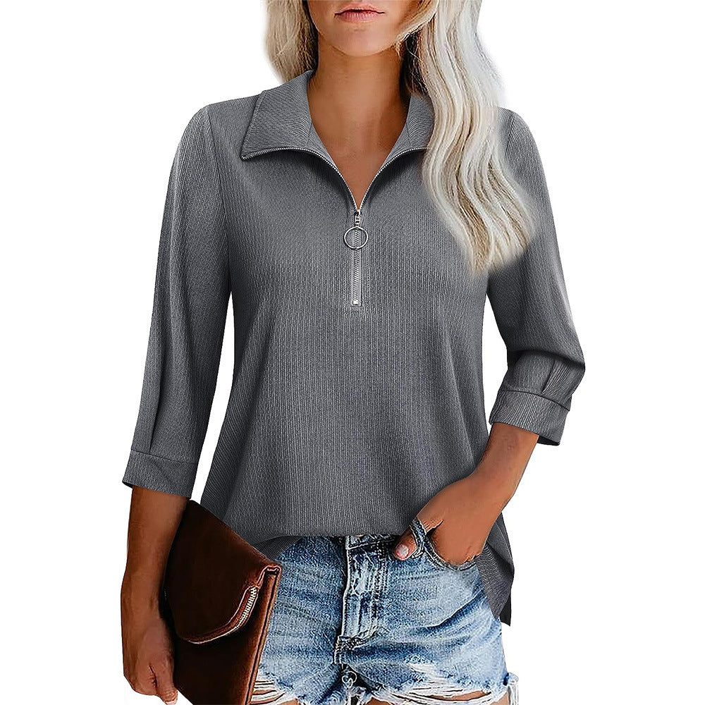 V-neck Zipper Three-quarter Sleeve Women's T-shirt Top