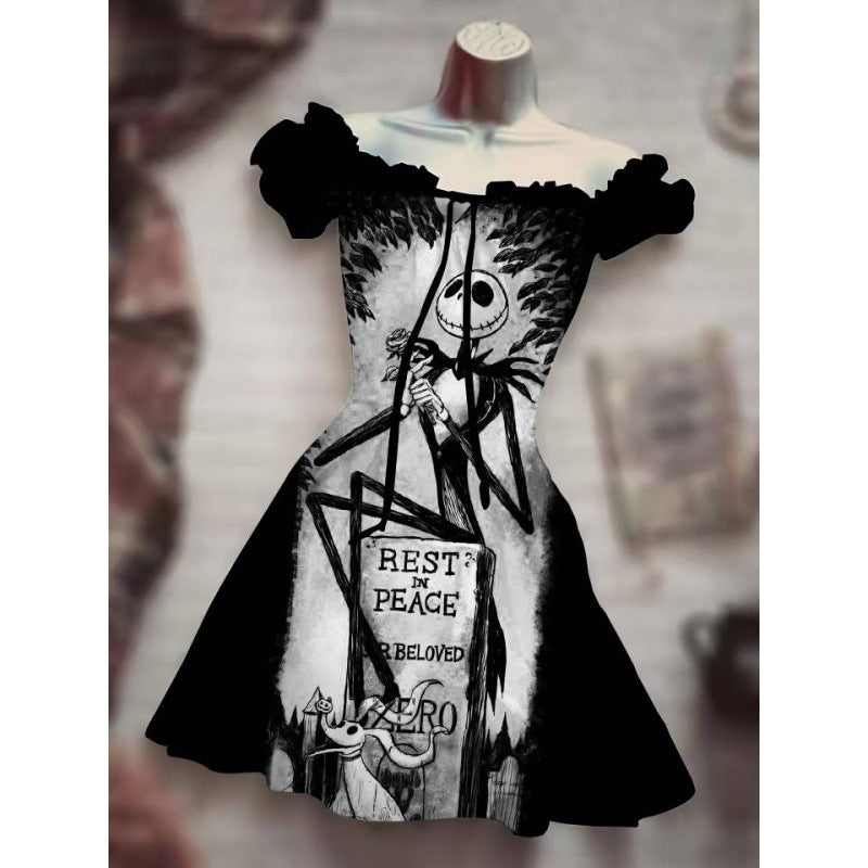 Halloween Drawstring Puff Sleeve High Waist Dress