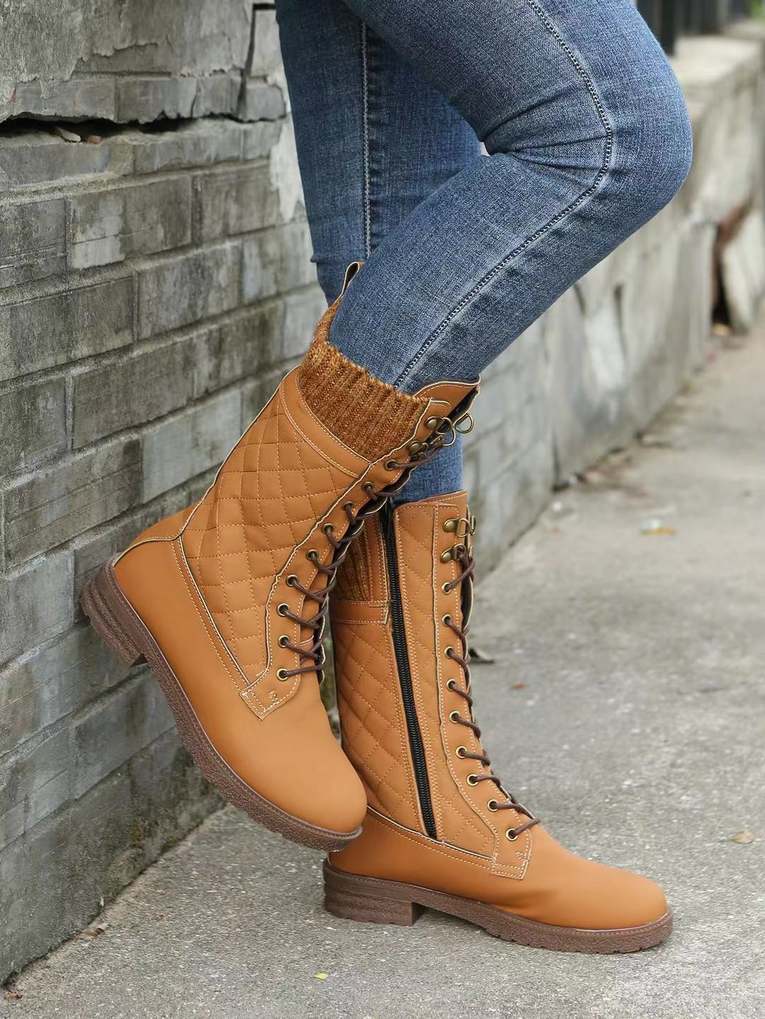 Autumn and Winter Women's Mid-Calf Flat Heel Snow Boots in Solid Color
