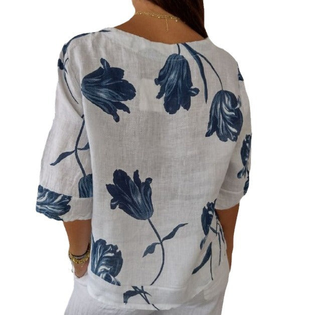 Pattern Print Cotton And Linen V-neck Short Sleeve Pullover Shirt