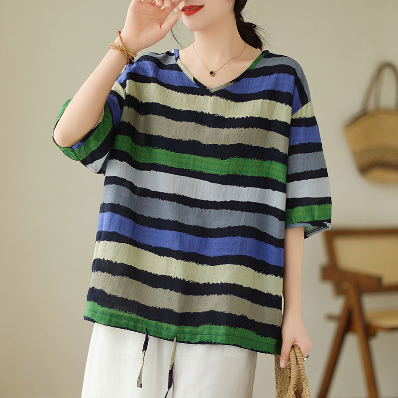 Women's Fashion Casual Cotton Linen Printed V-neck T-shirt