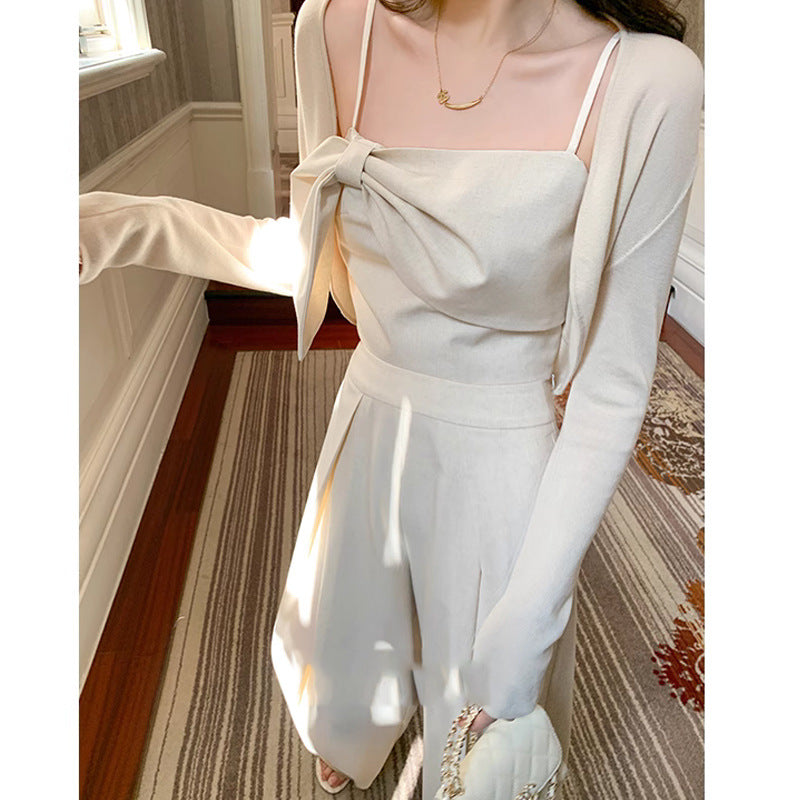 Women's Suit with Bow Suspenders Top and Wide Leg Pants