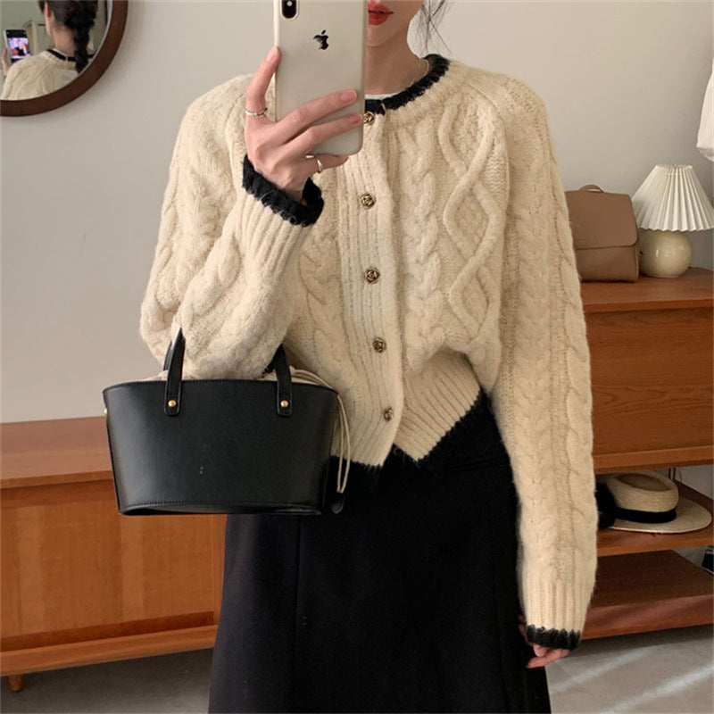 Round Neck Loose and Lazy Style Short Knitted Cardigan Sweater Coat