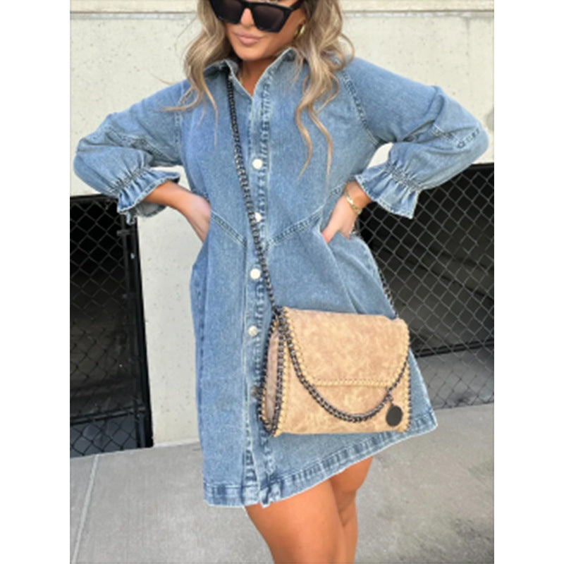 Women's Fashion Denim Skirt with a Loose and Washed-Out Shirt Style