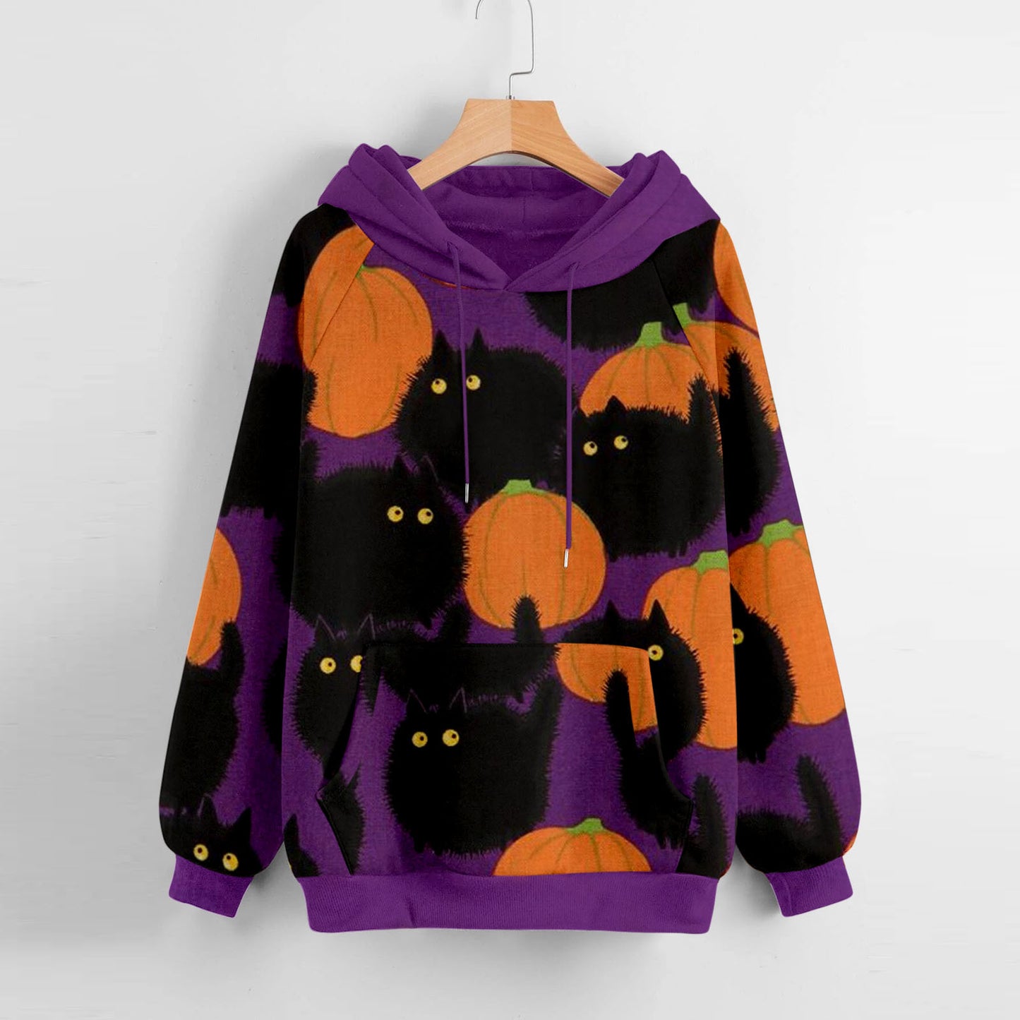 Long-Sleeved Hooded Sweater for Women with Halloween Pumpkin Print