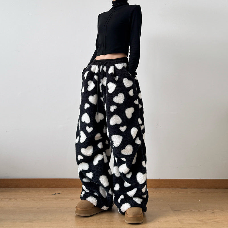 Women's Loose Polka Dot Lamb Wool Jogger Pants - Casual and Comfortable