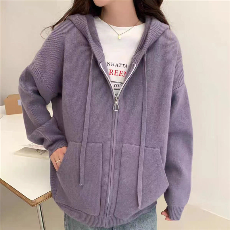 Thick Knitted Cardigan with Zipper Hood for Women